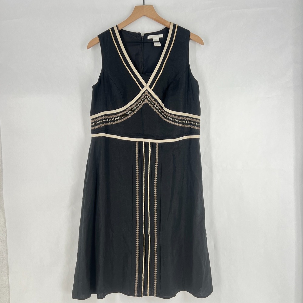 Sarah Spencer Shift Dress Womens 14W Black‎ Black Linen Embroidered Ribbon Trim